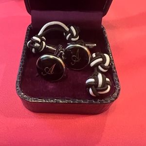 2 pr Set Men’s HJ Vintage Cuff Links Black Silver  INITIAL A NEW Orig Box